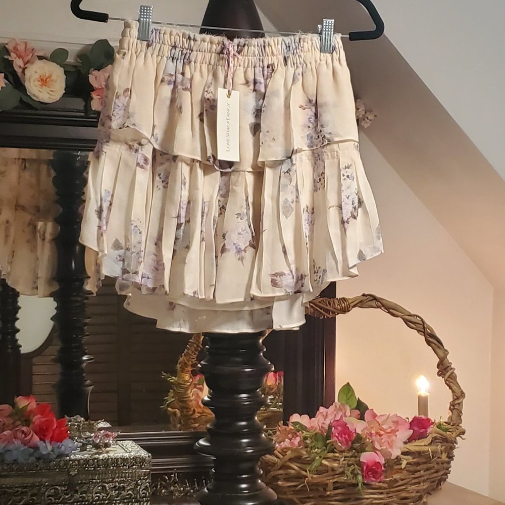 NWT LoveShackFancy Silk Ruffle Mini Skirt Monaco Lilac Small